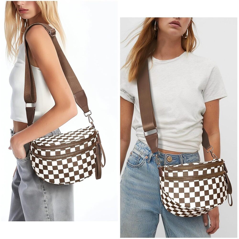 Checkered Crossbody Bum Bags for Women Nylon Checkered Purse Checkerboard Fanny - Picture 2 of 7